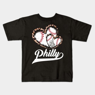 Vintage Philly Baseball Leopard Heart Baseball Fans Kids T-Shirt